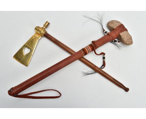 TWO SMALL REPLICA HAND WEAPONS IN THE STYLE OF NORTH AMERICAN TRIBAL, to include small hand axe style and a club featuring a 