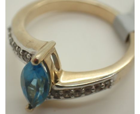 925 silver gold plated blue marquise stone set solitaire ring size P