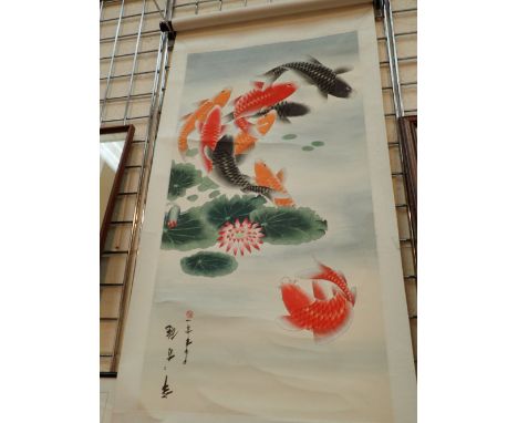 Chinese hand painted silk mounted scroll of Koi carp among lotus 84 x 44 cm