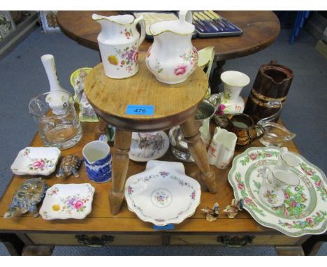 A mixed lot to include various ceramic ornaments to include Crown Derby pin dishes, Wade tortoises, a pewter mug, wooden milk