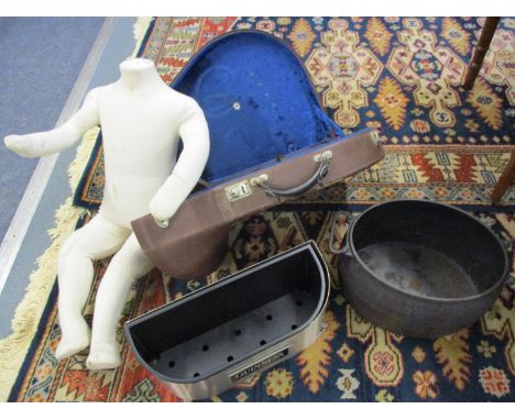 A vintage French horn instrument travelling case, a modern Guinness drinks cooler, a Holcroft twin handled iron pot and a chi
