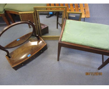 A Victorian mahogany two drawer swing mirror, a gilt framed triptych mirror and a mahogany framed stool 