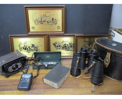 A Cross pen set, a vintage Zeiss box Tengor, a series of four Vauxhall vintage motor car pictures, framed, a pair of Regent b