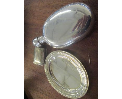 A silver pin dish, together with a silver trinket box and a hip flask 