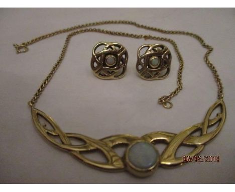 A 9ct gold and opal necklace, together with a 9ct gold Celtic necklace and earrings set with opals, total weight 12.4g 