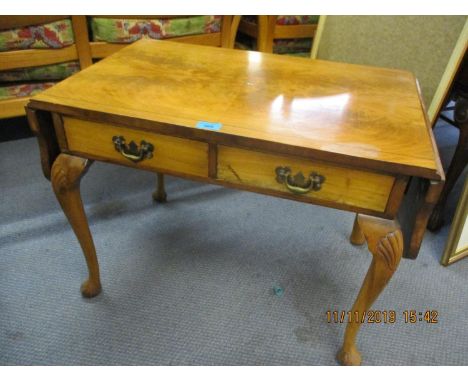 A reproduction walnut sofa table with two drawers and drop leaf sides and contents to include cotton reels 