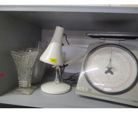 A mixed lot to include an anglepoise lamp, Thermoscales scales and mixed glassware 