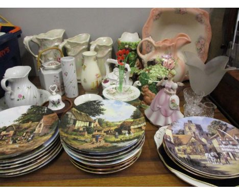 An Aynsley Edwardian Kitchen Garden vase, graduating jugs, four teapots to include The Village Teapot, mixed glass, ornaments