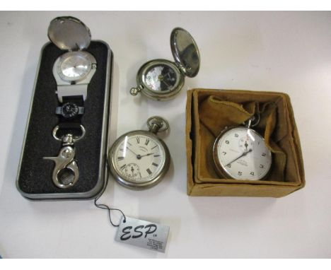 A pocket compass, an Ingersol pocket watch, a modern keyring watch in box and a Nero stopwatch 