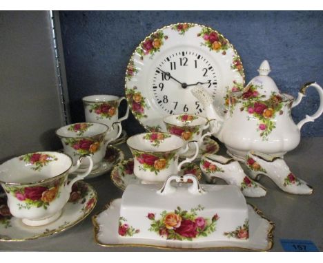 A Royal Albert Old Country Roses teapot, wall clock and other items 