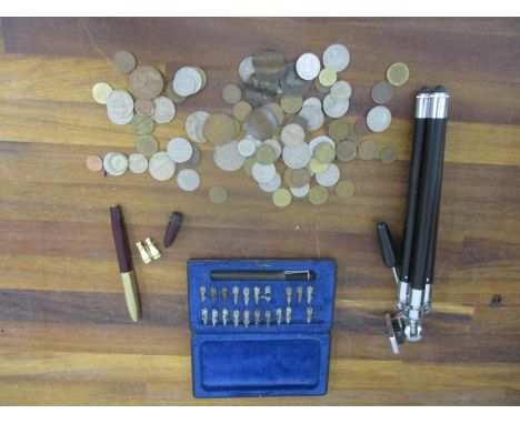 Coins to include British and foreign, a Shaffer fountain pen, a Pelkan calligraphy pen, a bone Stanhope in the form of binocu