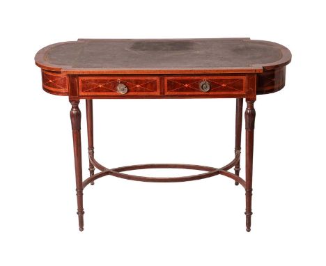 An Edwardian rectangular Lady's inlaid mahogany writing table with inset tooled leather top with stepped radiused ends with t