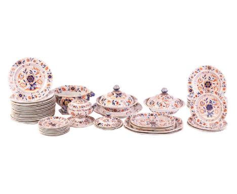 An early 19th century Hicks & Meigh stone china part service, decorated with a hand-painted Imari-style floral design in iron