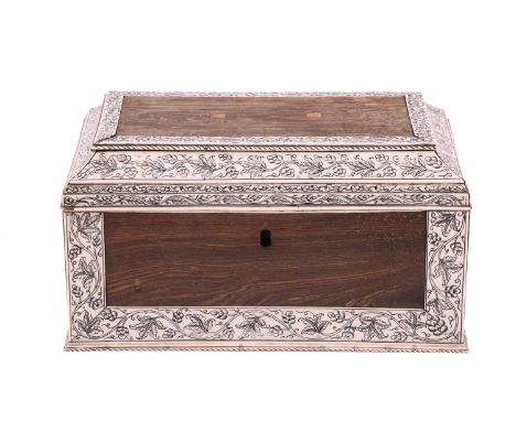 An Anglo-Indian Vizajapatum and Indian rosewood three-section tea caddy, C1800, Southern India, the "caddy top" opening to re