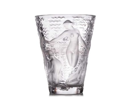 A Lalique clear and frosted glass 'Ondines' vase, second half of the 20th century, moulded with eight nudes on a wave ripple 