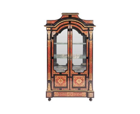 A large Napoleon III style ebonised and red Boule effect two-door standing vitrine of inverted breakfront form, 20th century,