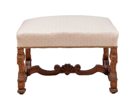 An oak-framed centre stool in the late 17th century style, cream stuff over upholstered seat, 46 cm high x 59 cm x 66 cm.