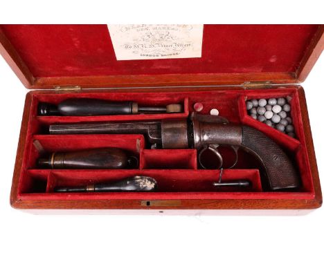 A cased Victorian .35 (?) "Improved Revolver" box lock percussion pistol, Serial No: 213919, action engraved with scrolls fit
