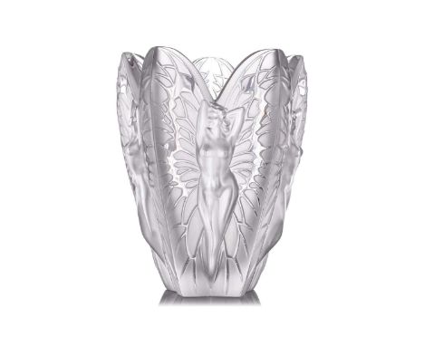 A large Lalique 'Chrysalide' frosted glass vase, depicting nudes with butterfly wings, etched mark to base, 28 cm high.Some s