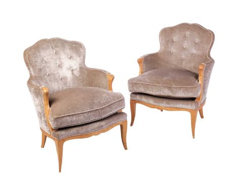 A pair of Biedermeier-style sugar maple framed low tub armchairs, 20th/21st century, with "Mink" effect velvet stuff over uph