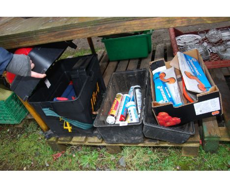Two Silverline suction pads, sealant, tool boxes, etc.