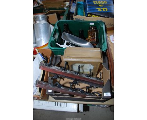 Two boxes to include: scales, old bottles, clock, coat hooks, etc.