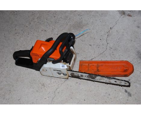 A "Stihl" MS170 chainsaw. Started first pull this morning Thursday, chain brake working.