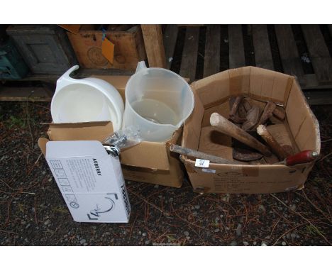 Two boxes of Vintage tools, plastic jugs, mixer tap etc.