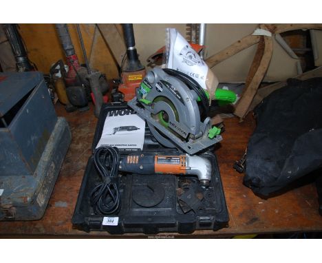 A "Worx" multi tool and an "Evolution" circular saw (not working at time of lotting).