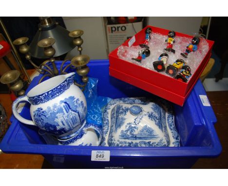 A box of blue and white china including Abbey George Jones jug, brass candelabra, etc.