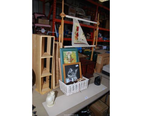 A wall shelf, CD racks, pictures, etc.