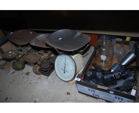 Three old shop/balance scales, plus a box of old milk bottles, binoculars, etc.