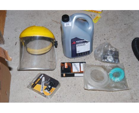 A safety visor, chainsaw oil, etc.