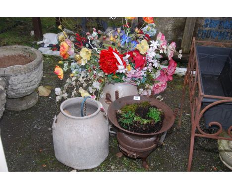 Two galvanised pots, cast iron pot/planter plus a quantity of artificial flowers, etc.