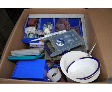 A box containing Lin bins, tools, china, etc.