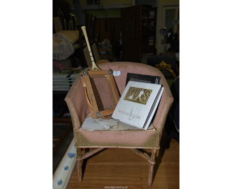 Two volumes of Elvis 45's, Badminton racket and a child's Lloyd loom style chair.