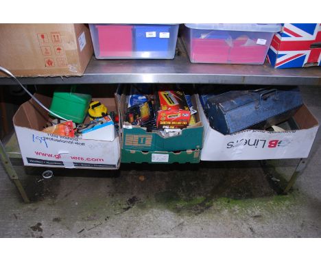 Four boxes of tools, tool boxes, tile cutter, "Garmin" sat nav, etc.
