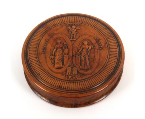 A 19th Century French pressed burr circular snuff box the figural lid inscribed ‘Fideite/Amour/Amitie/Pont Les De La Vie’, to