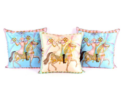 Hermes, Paris, a framed scarf and three cushions, the scarf emblematic of The French Revolution of 1789, 84cm sq in a reeded 