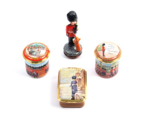 Four enamel boxes by Halcyon Days comprising The Guardsman after Sir Winston Churchill, 23/150, 6.7cm/..Changing Guard at Buc