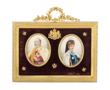 A pair of French oval miniatures on ivory, depicting Edward VII and Queen Alexandra, signed “Derval”, 8.5cm, both in a velvet