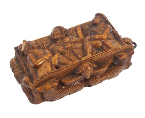 A large Scottish ‘blind man’ wooden snuff box, the lid with two male figures (Tom and Souter) centered by a woman with child,