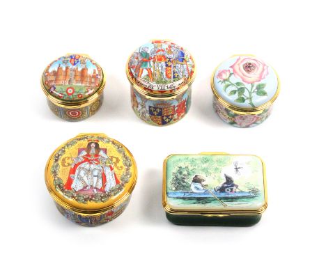Five enamel boxes by Halcyon Days comprising The Wind in the Willows…, 174/250, 6.5cm, /Diana, Princess of Wales…, 46/250, 4.
