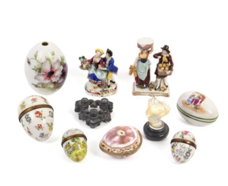 Enamel and ceramic eggs and other pieces comprising three enamel eggs one for Bilston, inscribed ‘A Token Of Love’, 5.5cm, th