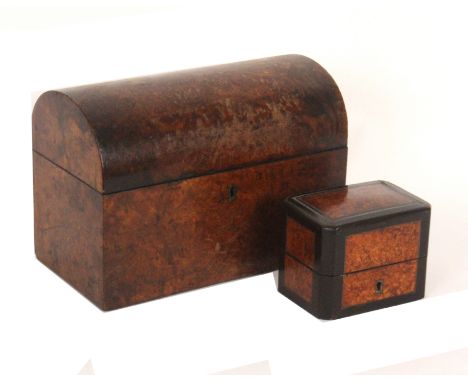 A Victorian tea caddy and a scent bottle box, the tea caddy in burr walnut with domed lid, the interior with cut glass mixing