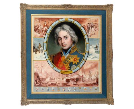 A painted oil on canvas to commemorate Lord Nelson centred by an oval head and shoulders portrait within five scenes of Nelso