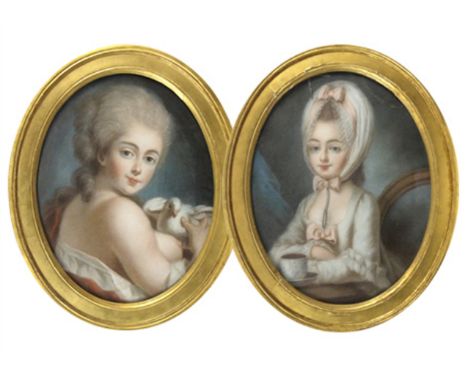 Early 19th Century French School Study of a girl with a dove; portrait of a lady with a cup of chocolate Pastels 16” x 12” Ov