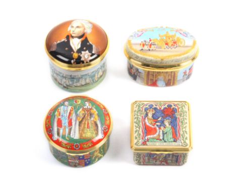Four enamel boxes by Halcyon Days comprising The First Prince of Wales 1301-2001, 172/200, 5.4cm/To Mark The 450th Anniversar