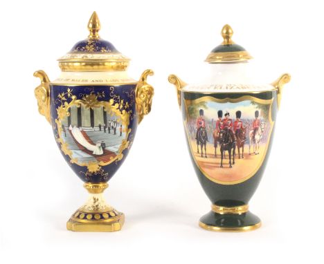 Two commemorative vases and covers, one by Coalport “The Marriage of The Prince of Wales…” No. 4/250, 25cm and another by Ayn