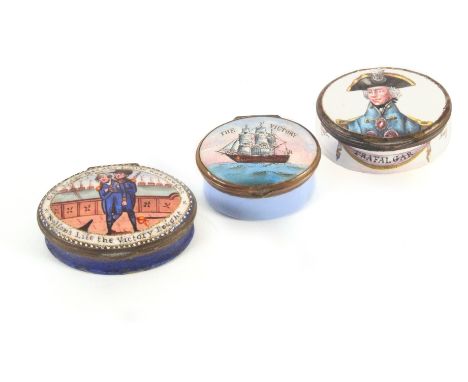 Three 19th Century oval enamel boxes one with lid panel “The Victory” 4.2cm, another with portrait of Nelson inscribed to the